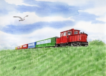 Postcard DIN-A6 Watercolor Maritime Art Print North Sea Island Langeoog train railway